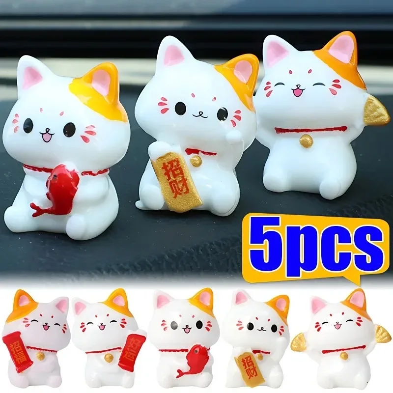 Car Mini Lucky Wealth Cat Ornaments Car Dashboard Center Console Cute Resin Maneki-Neko Auto Interior DIY Decoration Accessories