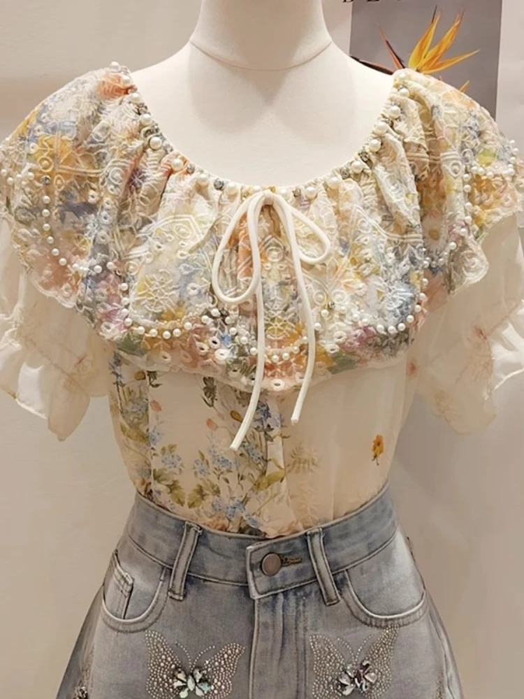 

Модная рубашка с короткими рукавами и тяжелыми бусинами для ногтей, декоративная рубашка с цветочным принтом в виде листьев лотоса, новая летняя свободная рубашка для милых девушек, топ