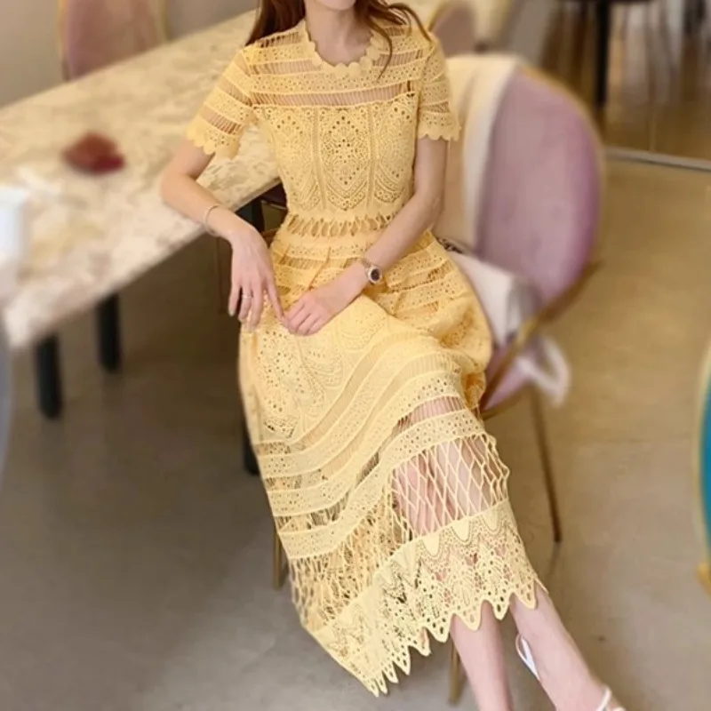 Chic Yellow Lace Women Dress Bodycon Elegant Korean Fashion Women Clothing Hollow Streetwear Vestidos Summer Holiday