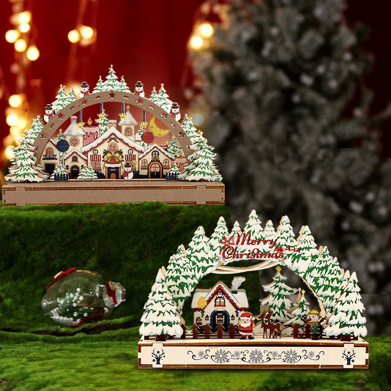 New Christmas Wood Decoration Village Houses Night Xmas Ornament Forest Scene Wooden Collection Noel Decoration 2024 Xmas Gift