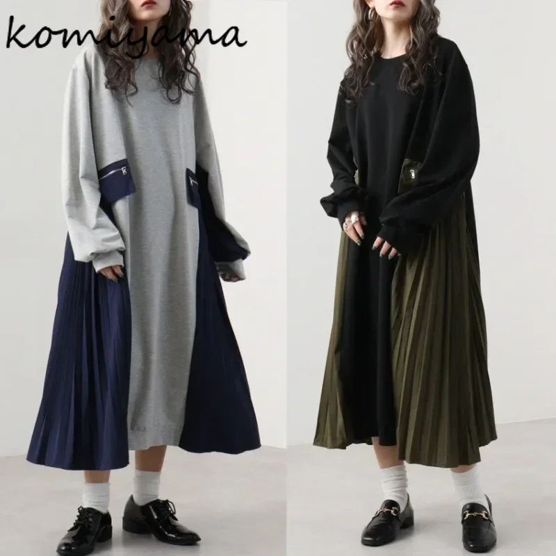 Contrast Color Pleated Vestidos Mujer Long Sleeve Women Dresses Round Neck Dress Japan Style Vestido 2025 Autumn New Robes