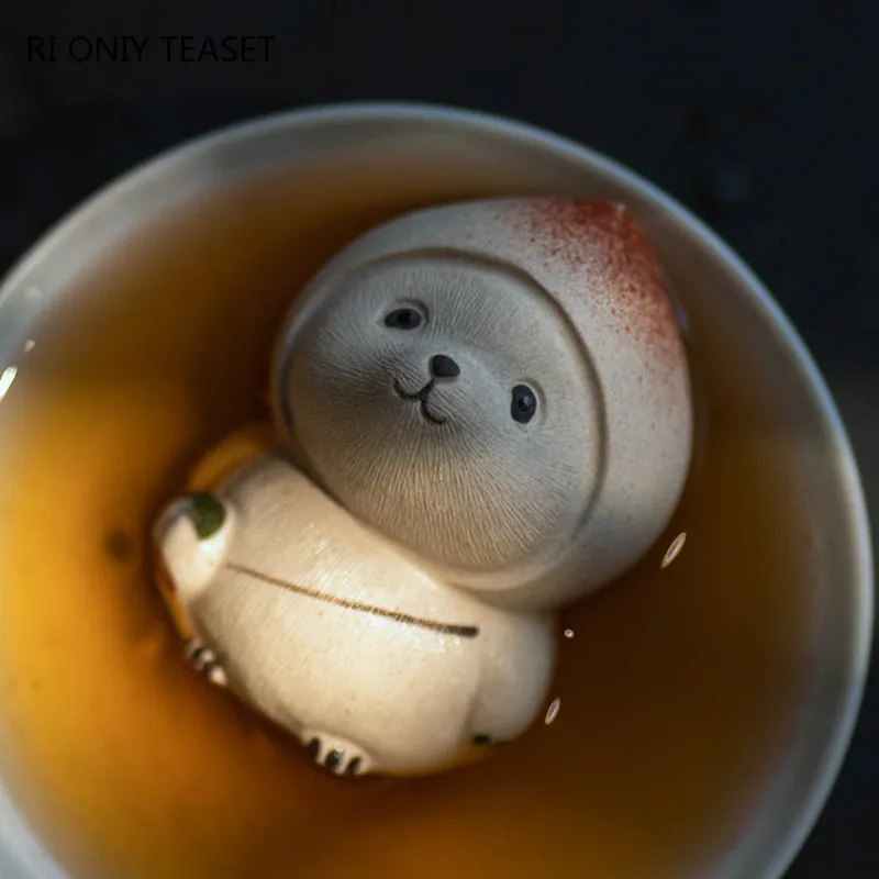 Panda Tea Pet with Peach Hat  Peach Model Ornaments Yixing Purple Clay Tea Pet Tea Figurine Crafts Chinese Lucky Tea Set