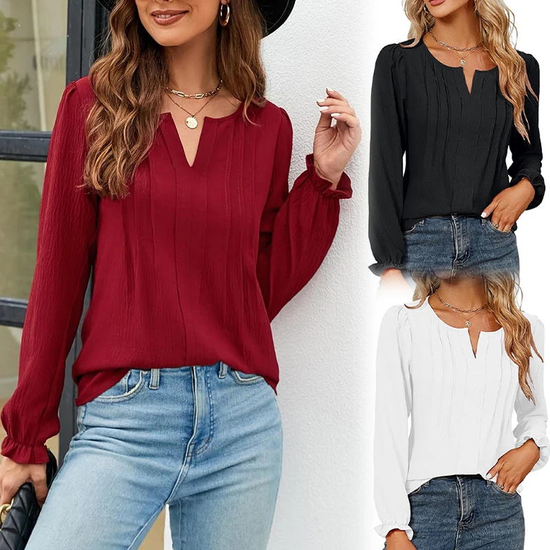 European and American Women\'s Chiffon Blouse Fashion Elegant V-neck Long Sleeved Casual Solid Color Basic Shirt Top S-XXL