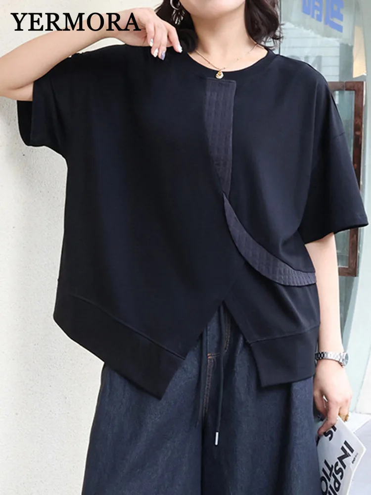 

YERMORA Black Irregular Patchwork Slit Casual T-shirt For Women O-neck Short Sleeve Loose New Tops Fashion Spring Summer 2025