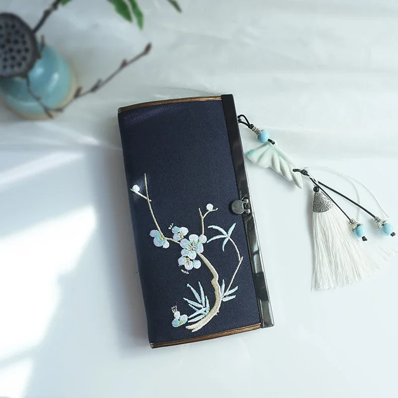 Cotton Linen and Canvas Purse Chinese Style Embroidery Ancient Style Purse Women's Buckle Long Clutch Bag Literary Wallet
