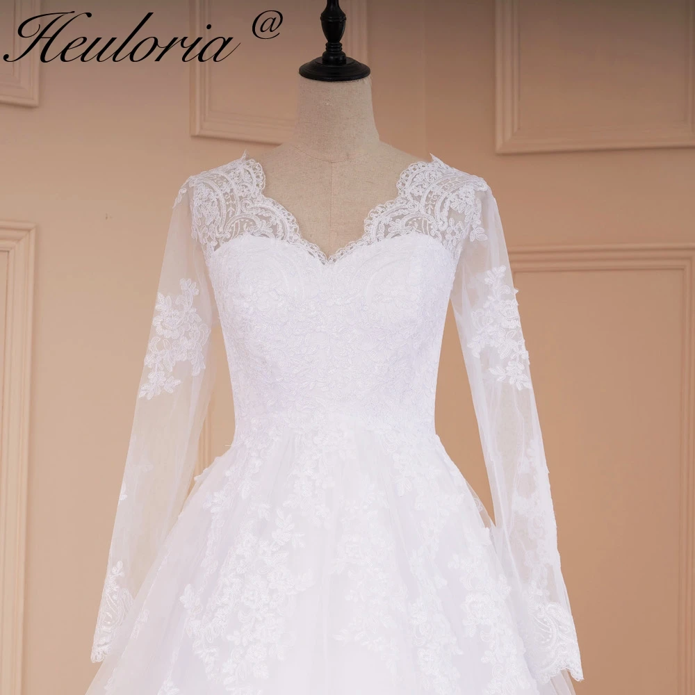 HEULORIA Vintage wedding dress long sleeve V neck bride dress lace applique lace up bridal gown plus size vestido De Noiva