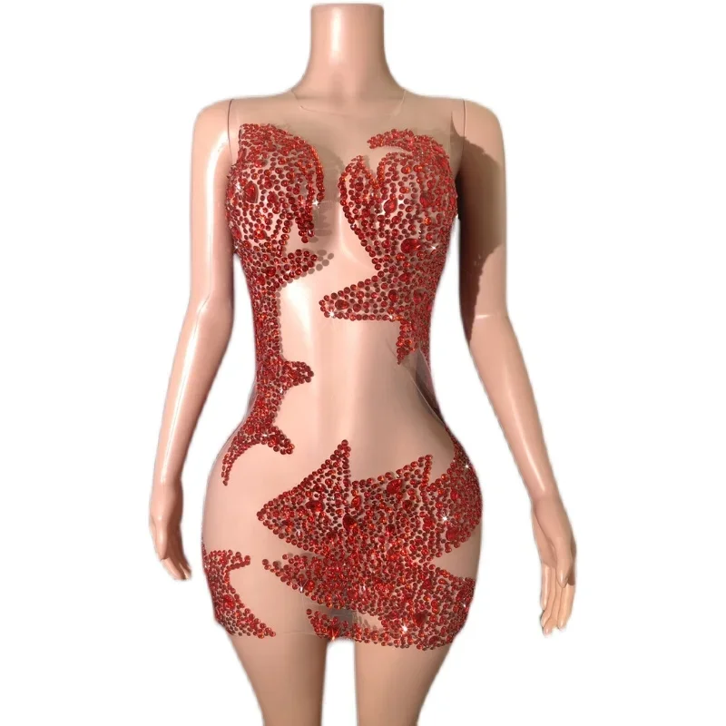 Mode Rot Strass Kleid Frauen Perspektive Pailletten Abendkleid Geburtstag Feiern Kostüm Bühne Abend Outfit XS6585