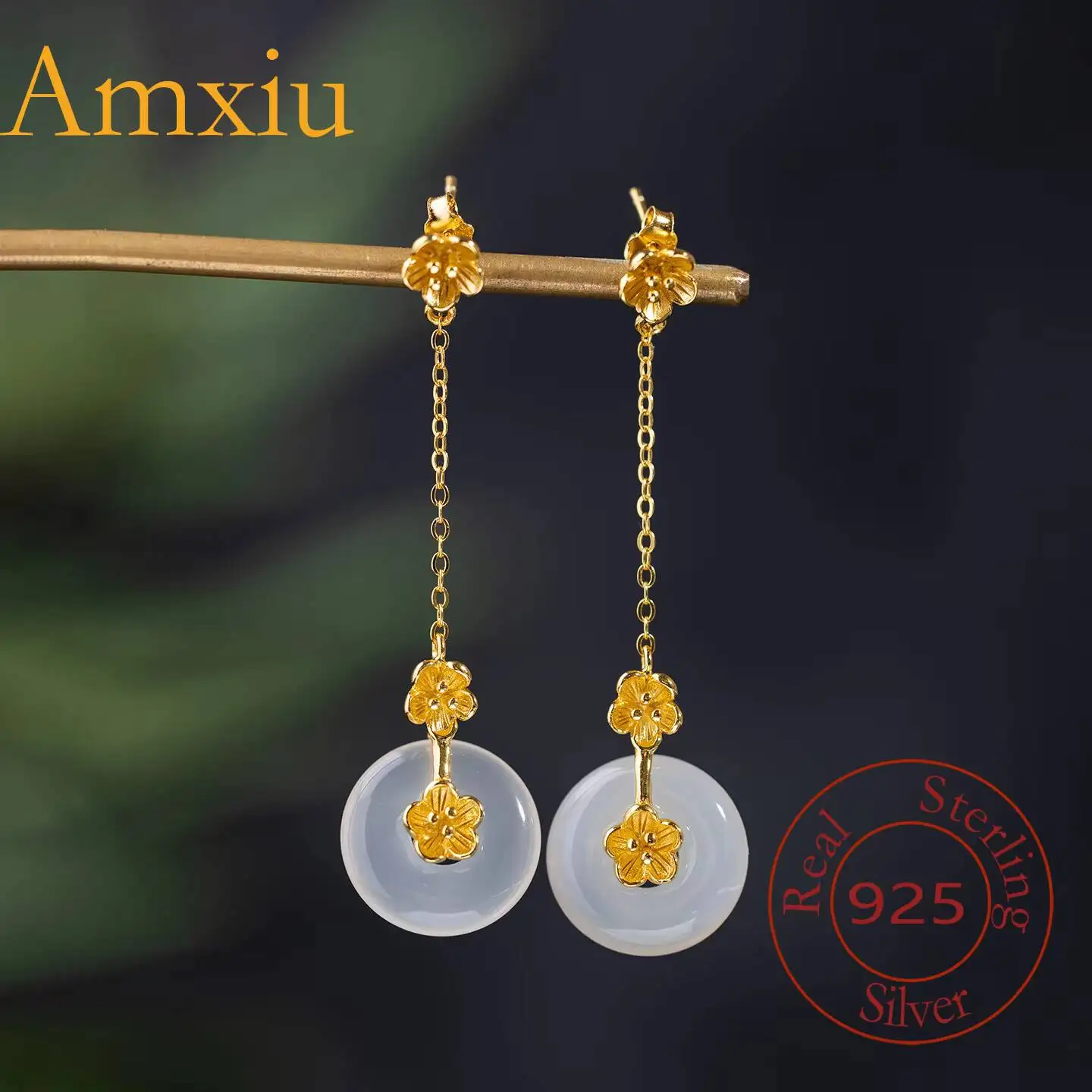 Amxiu Sterling Silver 925 Original Design New Chinese  National Trend Personality Plum Blossom Chalcedony Peace Buckle Earrings