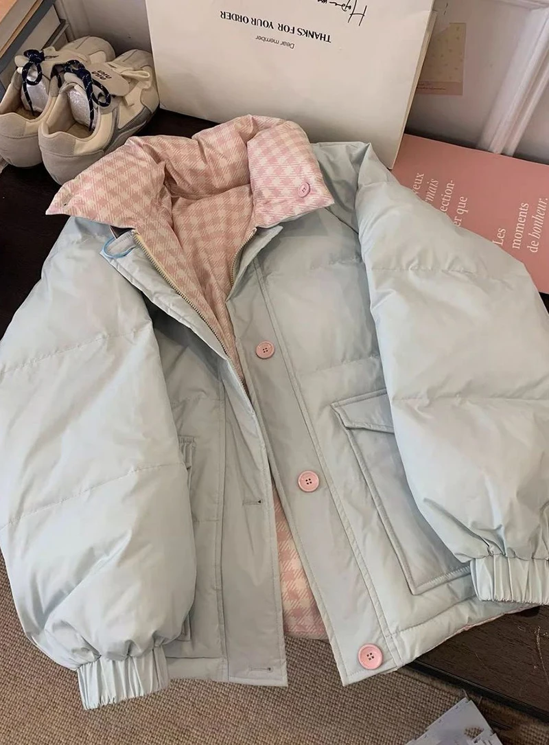 Chic Reversible Women Padded Jacket Contrast Plaid Coat Button Down Quilted Pink Buttons Winter Warm Preppy Retro Parkas