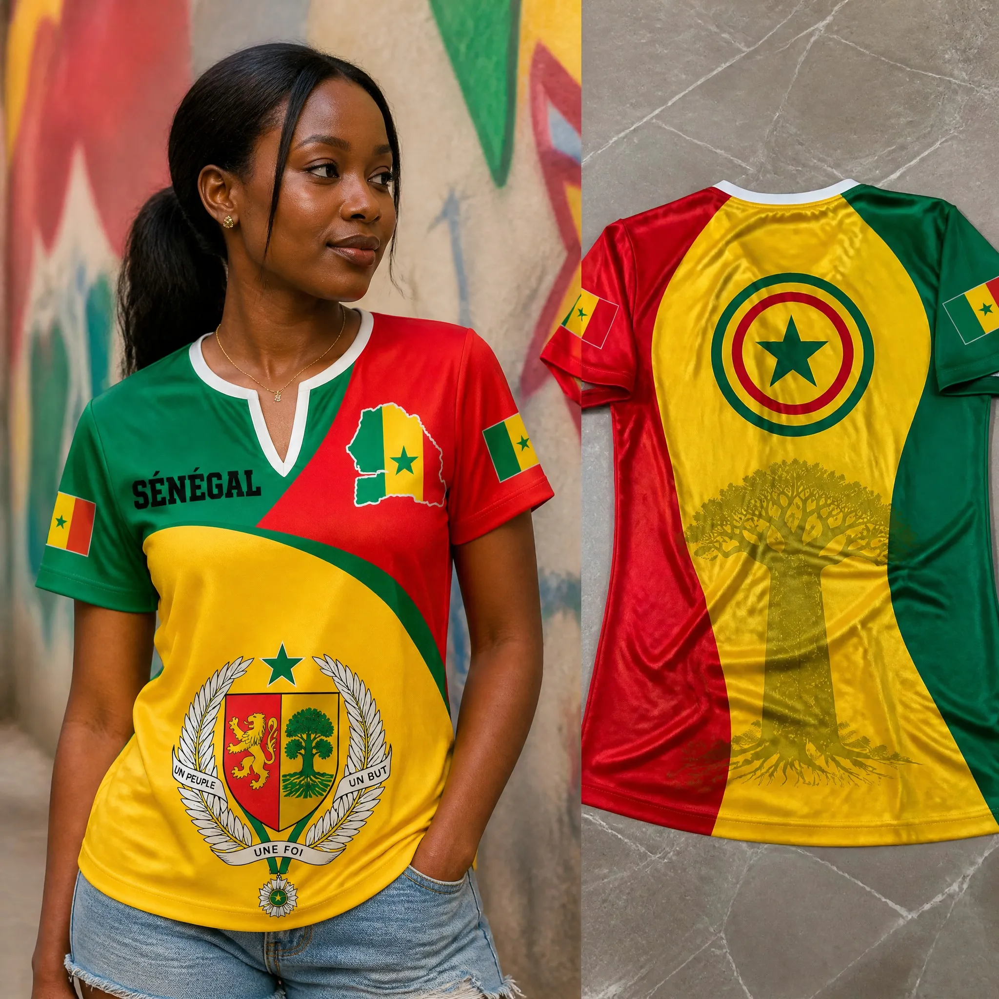Womens Senegal Small V Neck T Shirt Red Green Yellow Crest Tree Star Print Casual Summer Short Sleeve Top Heritage Daily Wear Go