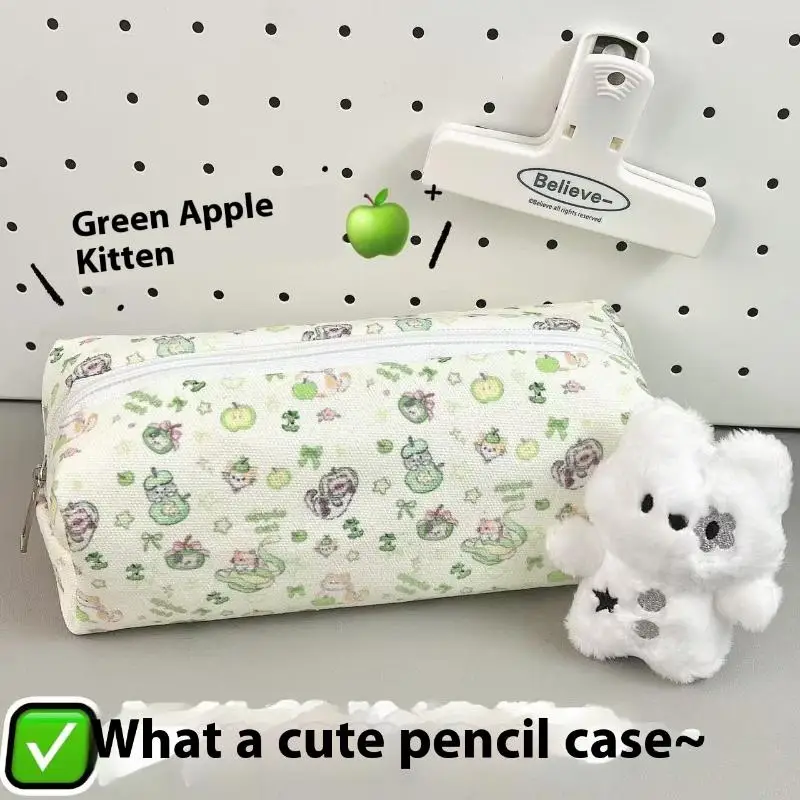 

1 шт., сумка-карандаш с мультяшным котенком, милое зеленое яблоко, кошка, косметичка с принтом, большая вместительная сумка для хранения канцелярских принадлежностей
