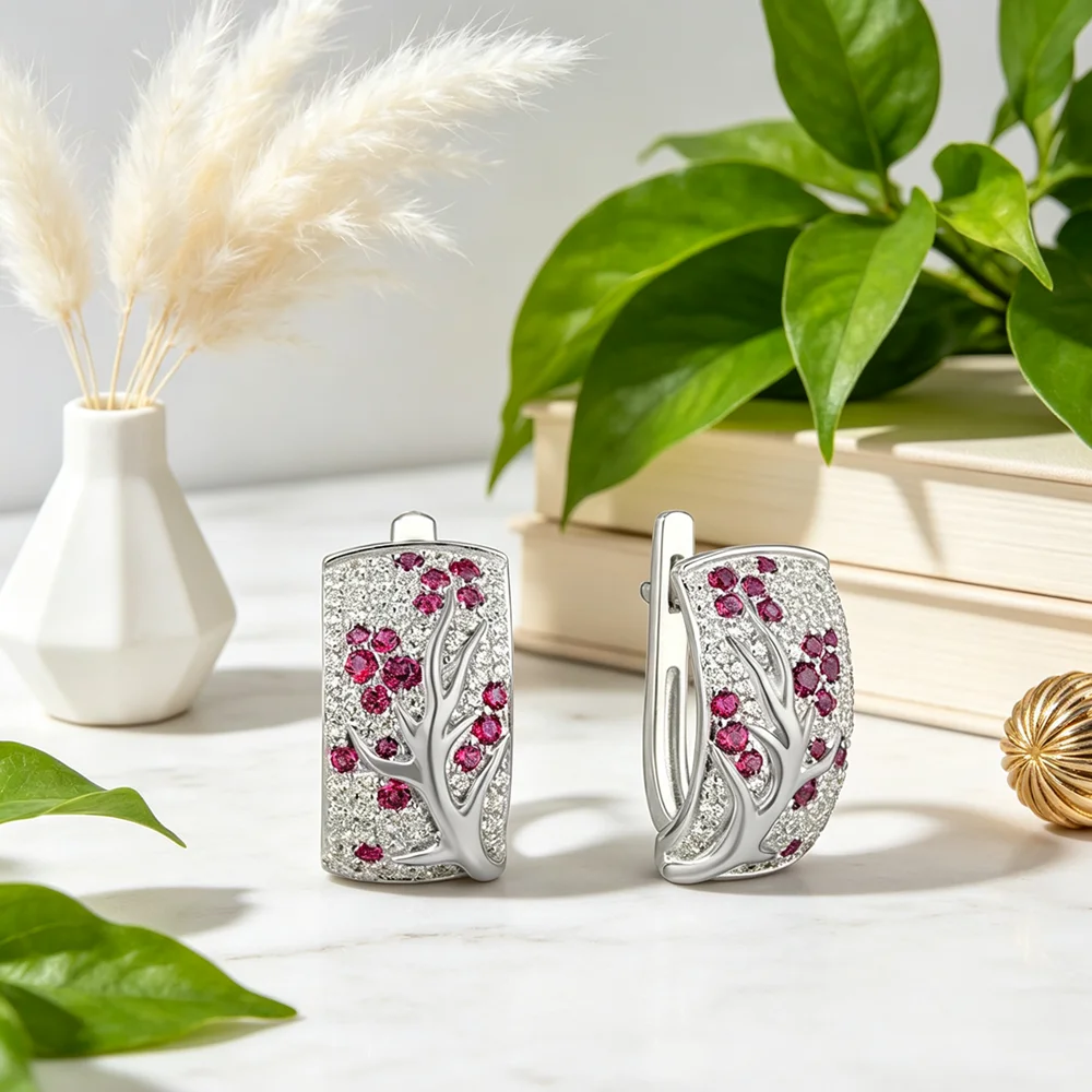 Fashion Plant Statement 925 Sterling Silver Multicolor Cubic Zirconia Plum Branch Blossom Earrings Women's Wedding Party Jewelry