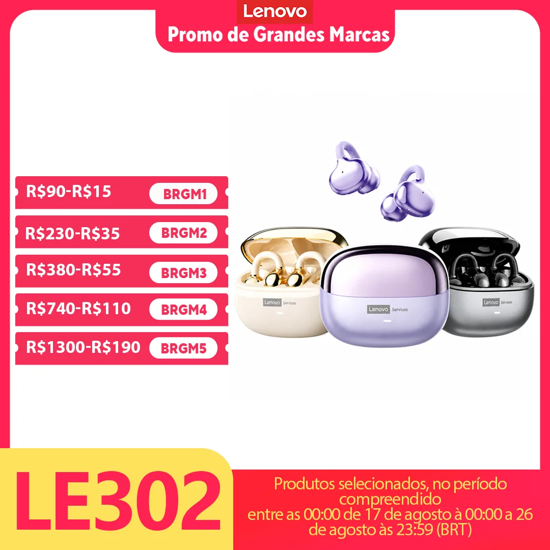 Fone de Ouvido Bluetooth 6.0 Lenovo LE302 Sem Fio com Longa Duração de Bateria, Fones de Ouvido Esportivos com Clip para a Orelha, HIFI Estéreo com Cancelamento de Ruído