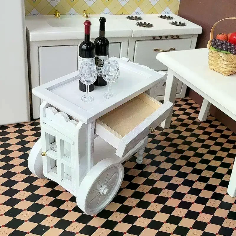 1Pcs 1: 12 Dollhouse White Wooden Meal Driver Cart Model Funiture Accessories For Doll House Decor Kids Pretend Play Toys Gift