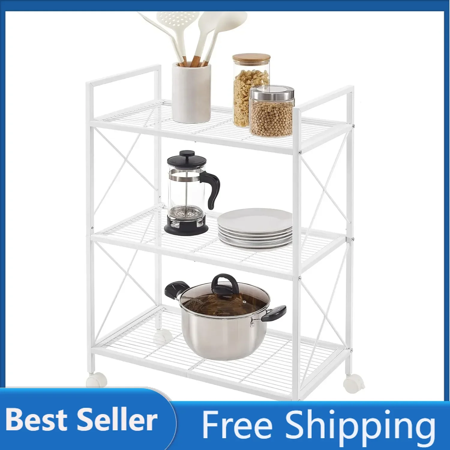 SONGMICS 3-Tier Metal Storage Rack with Wheels, Mesh Shelving Unit with X Side Frames, 23.6-Inch Width, for Entryway, Kitchen