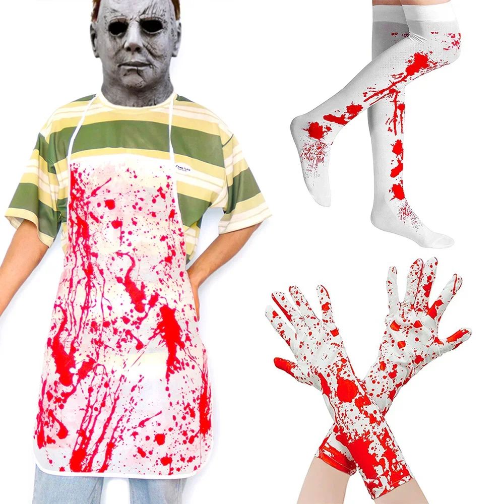 

Halloween Costume Set Bloody Stockings& Blood Print Gloves Horror Dress Up Props for Cosplay Party Games and Haunted House Decor