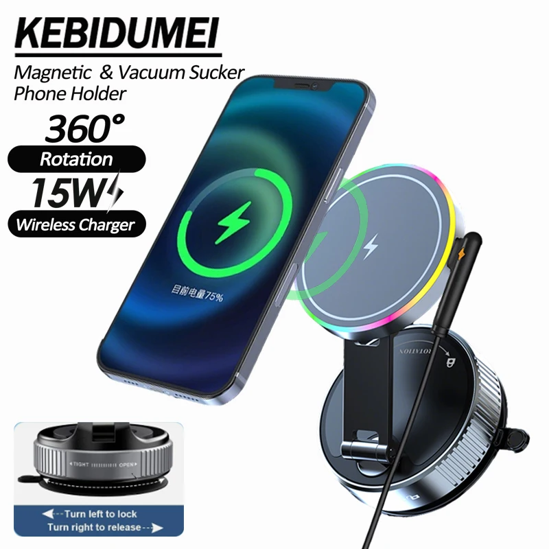 

Беспроводное зарядное устройство для телефона 15 Вт, вакуумный и магнитный автомобильный держатель для телефона, вращающийся на 360 градусов поворотный замок, приборная панель, кронштейн для телефона на лобовом стекле