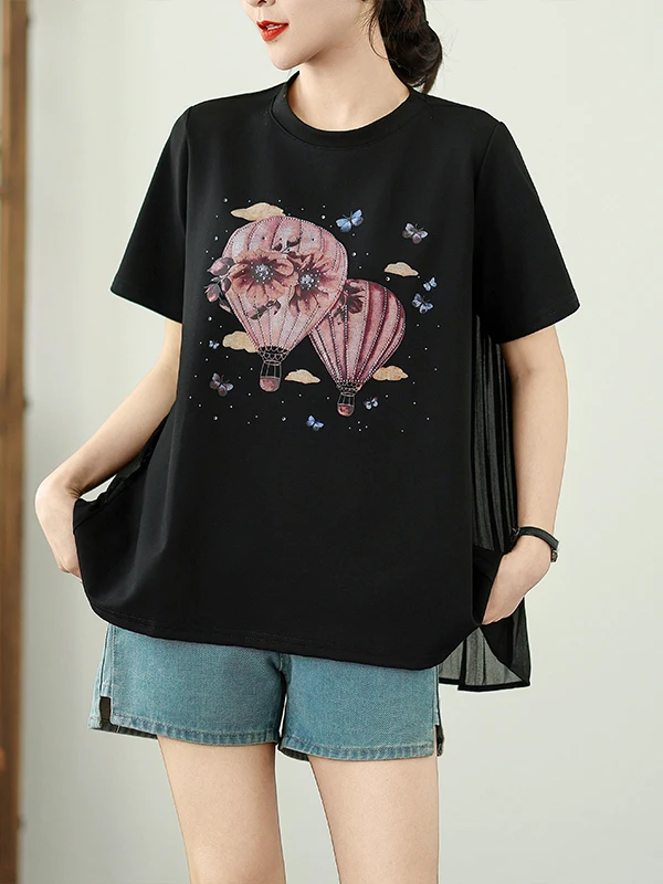 ort Sve T-irt レディース 夏新作 韓国風 ラウンドネック バルーンプリント シフォン プリーツ スプライシング 細見えトップス