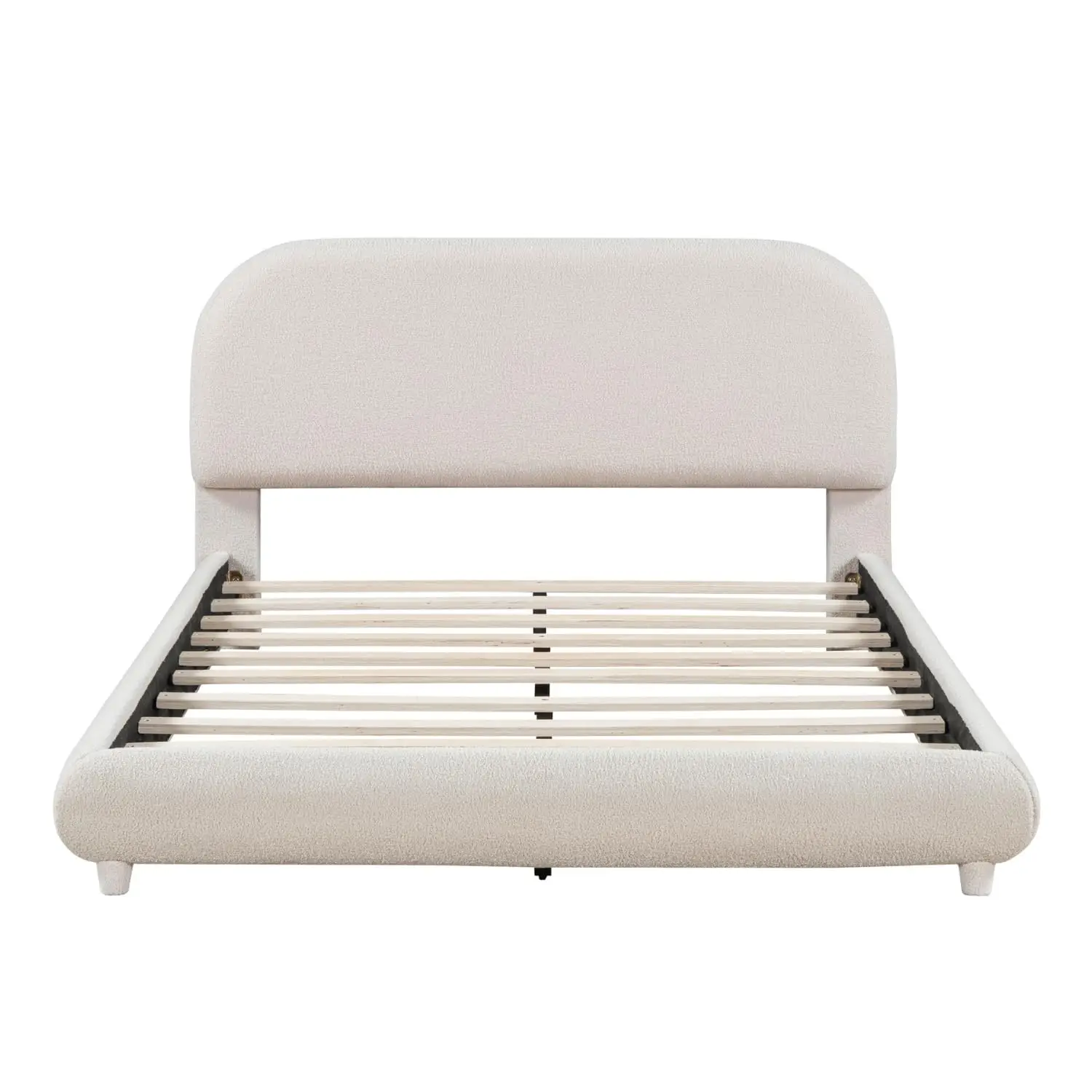 Full Size Teddy Fleece Platform Bed Frame Curved Headboard Solid Wood Easy Assembly No Box Spring Beige, Customized