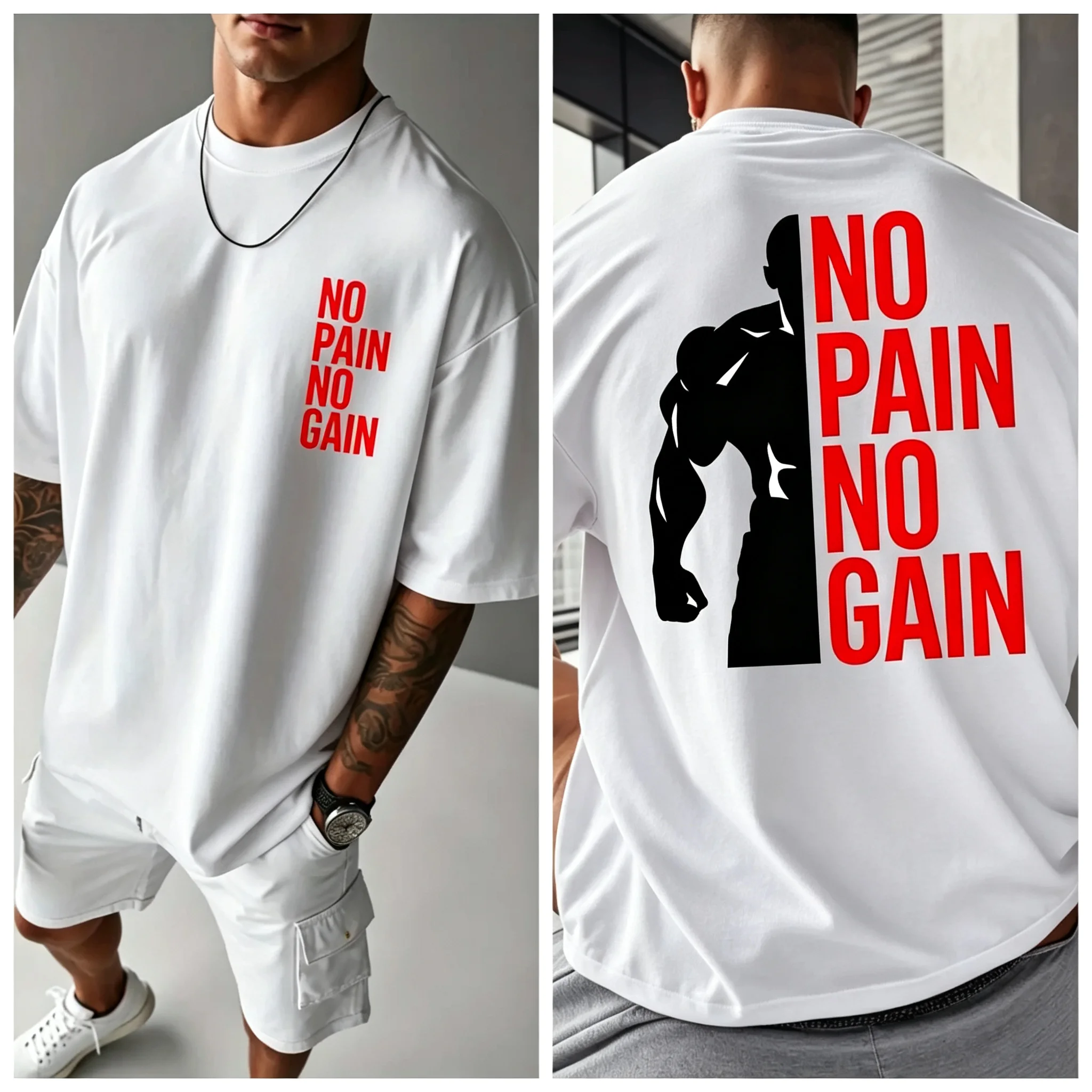 2026 New Gym Family Matching Oversized Unisex Gym T Shirt No Pain No Gain Front Print Cotton Short Sleeve Fitness Streetwear Tee