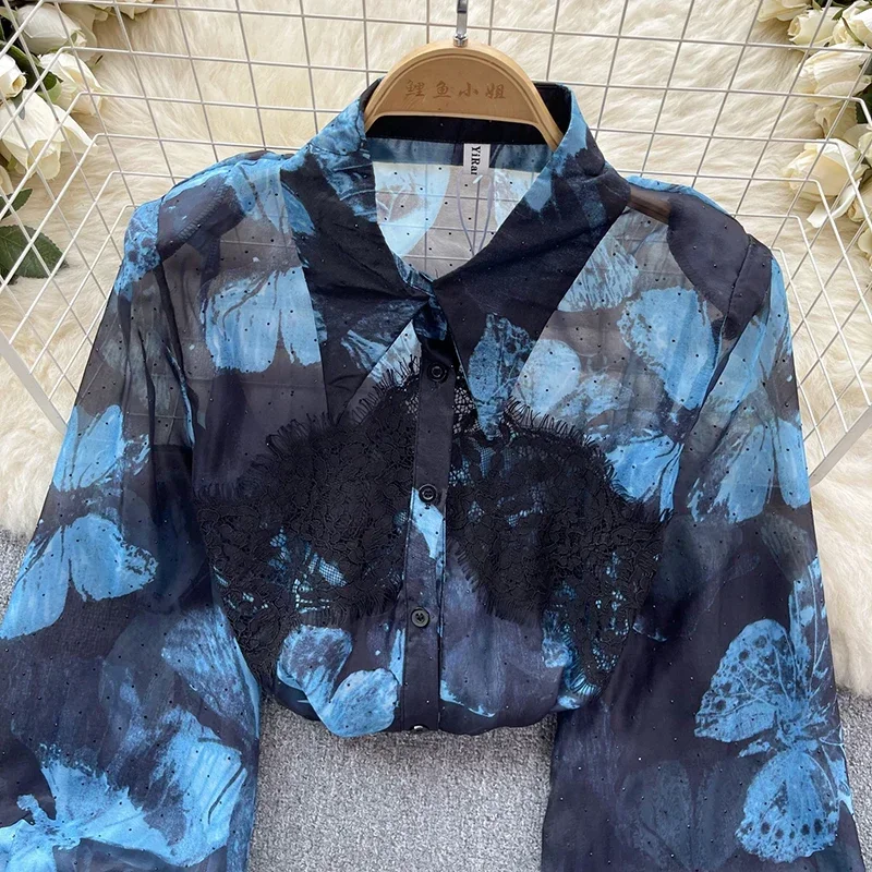 French Chiffon Shirt Women's Lace  Contrasting Color Splicing Butterfly Print Thin Shirt Spring/summer Top A177