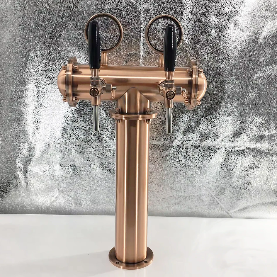 T Shape Bronze Color 2 Lines Stainless Steel Beer Tower, 2 Taps Column