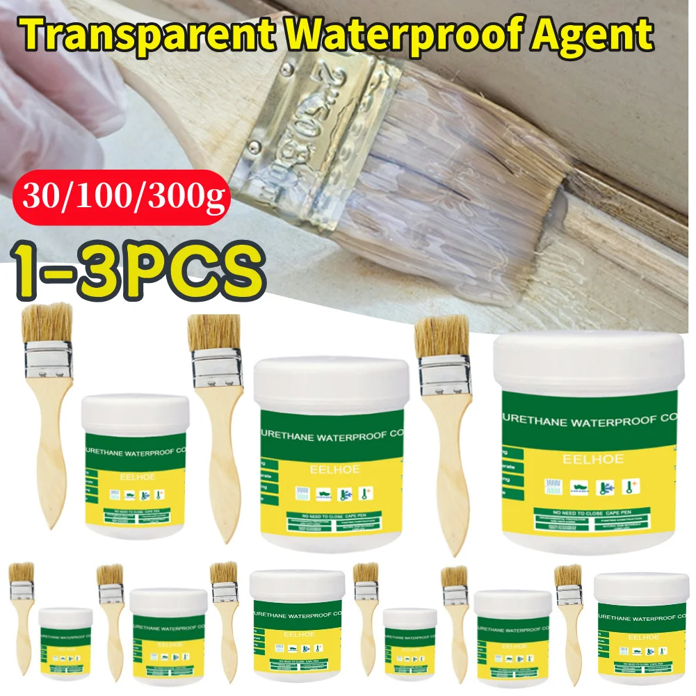 

NEW 1-3Pcs Transparent Waterproof Agent With Brush Coating Sealant Agent Polyurethane Glue For Home Roof Bathroom 30/100/300g