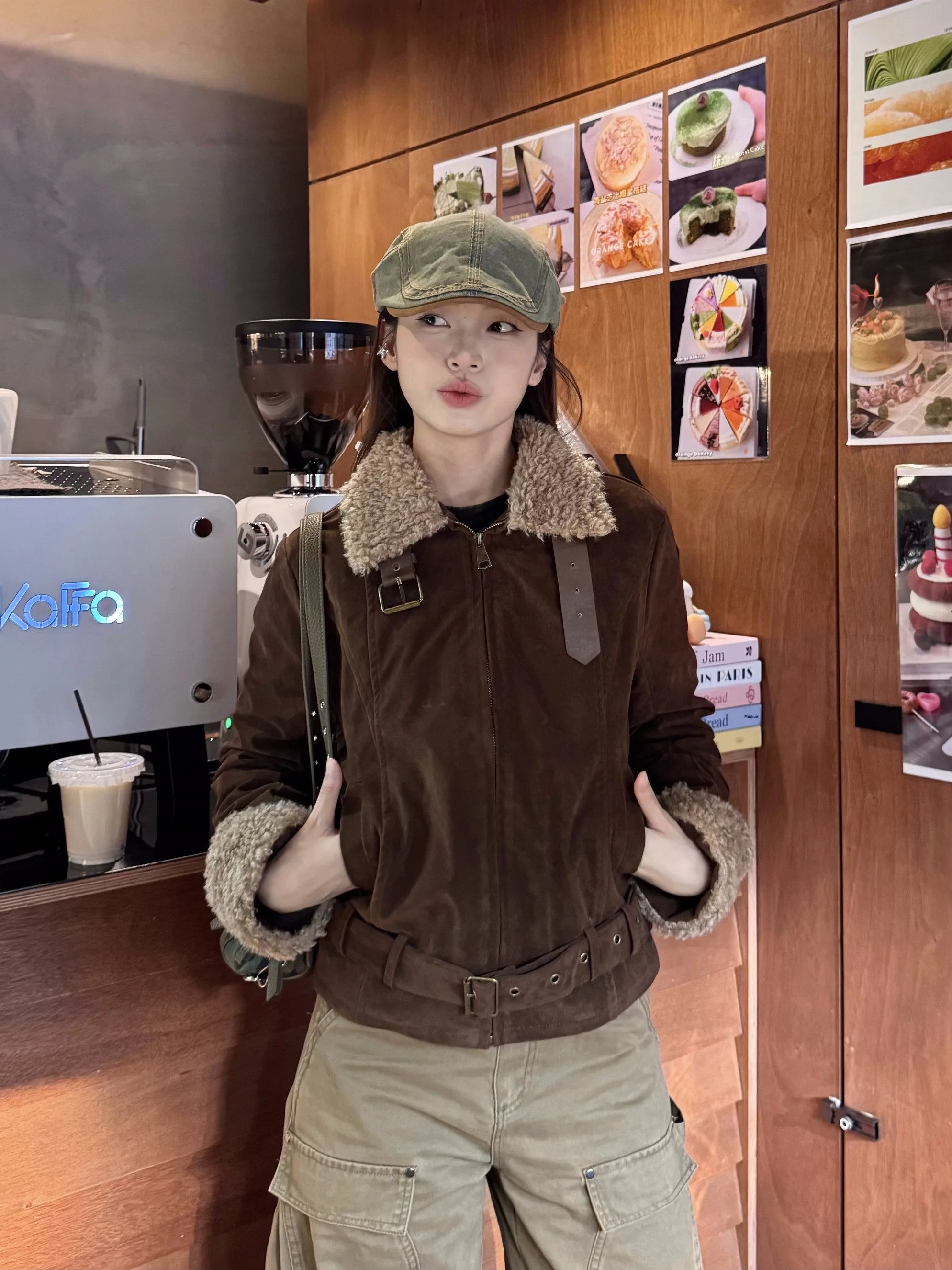 

XFX американский ретро лоскутный меховой воротник с хлопковой подкладкой, замшевый джет, женский свободный повседневный открытый кардиган, модный осенне-зимний топ