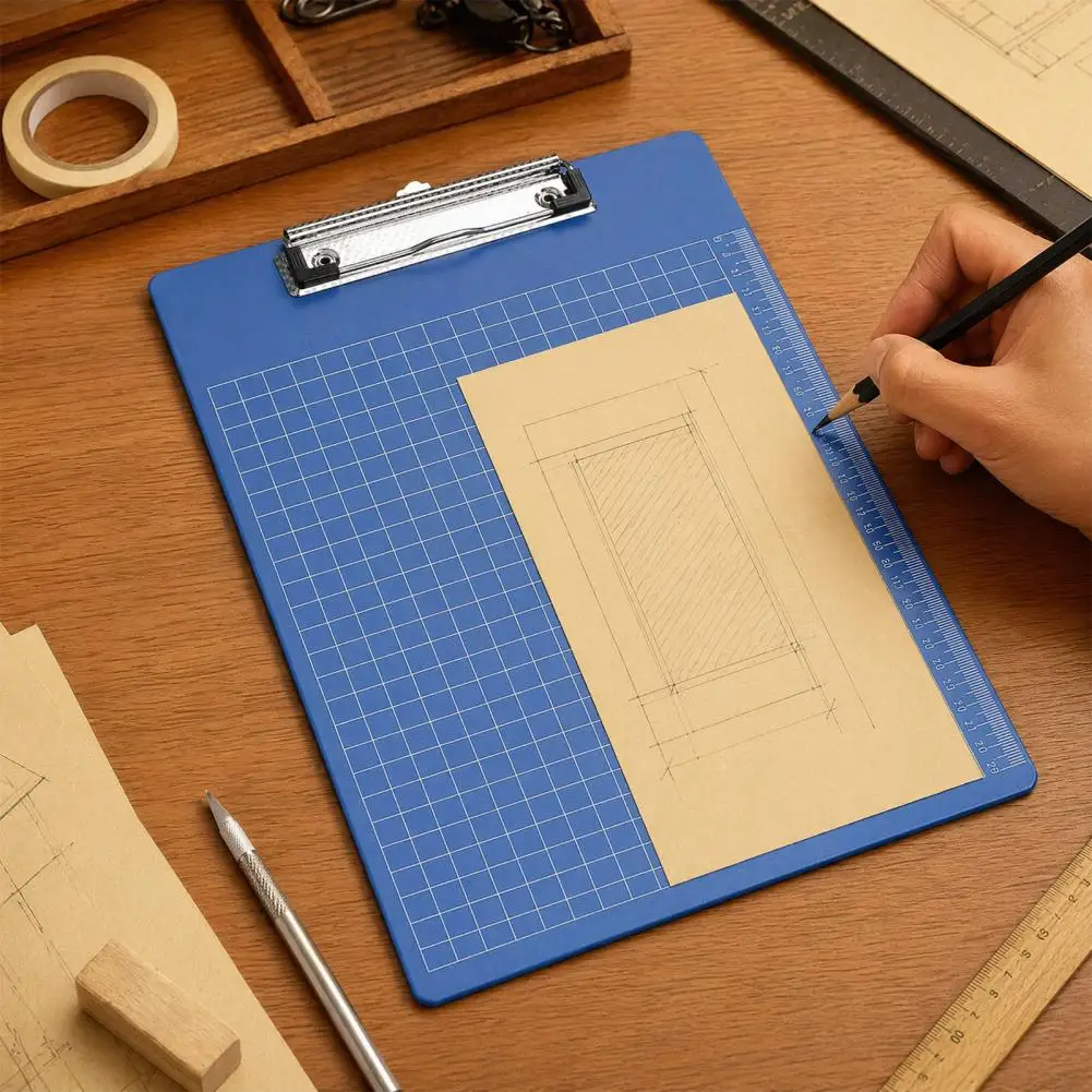 A4 File Folder, with Reinforced Metal Clip And Clear Scale Ruler, Portable Document Writing Pad, for Office School Students