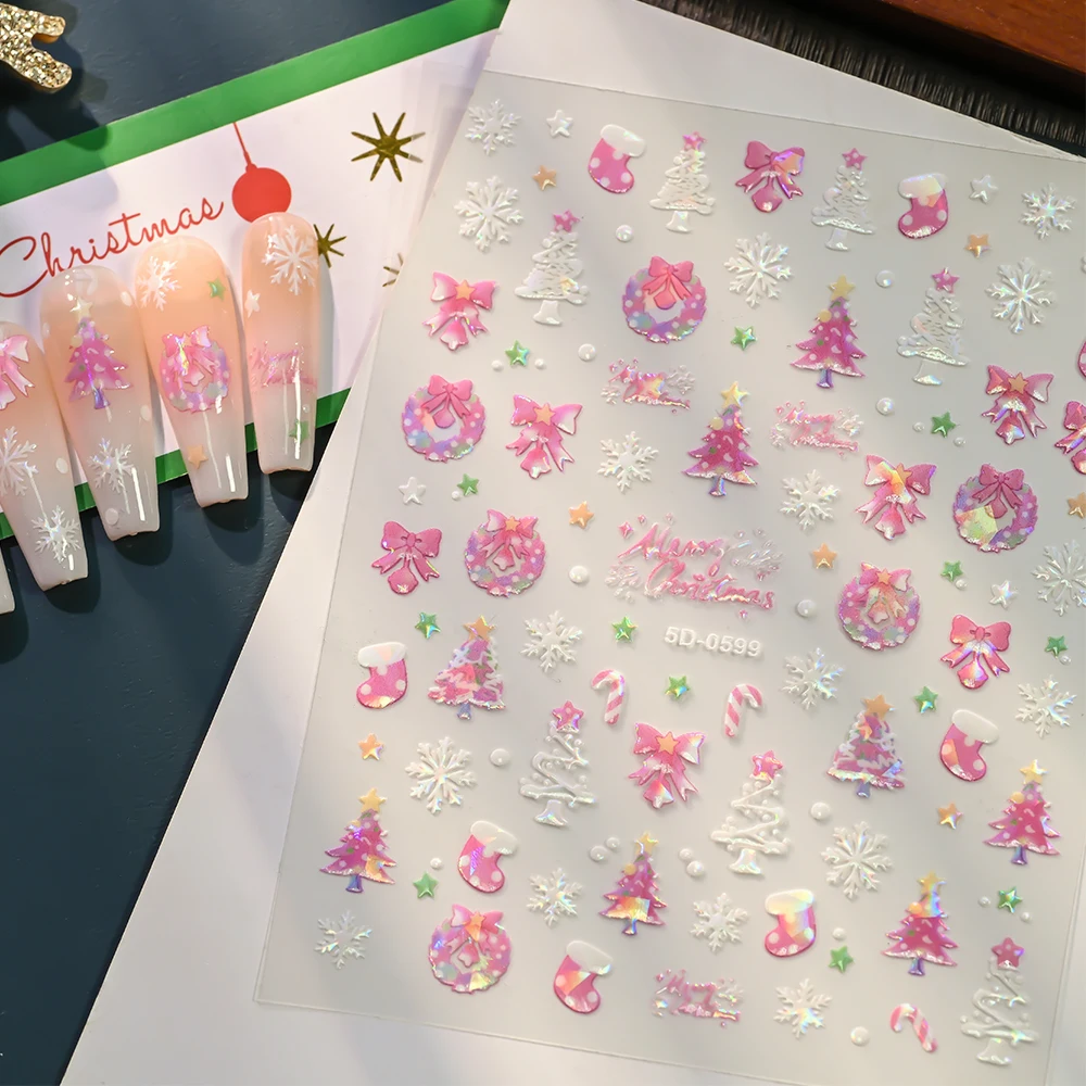 1Pcs 5D Iridescent Pink Christmas Tree Wreath Nail Stickers Snowflakes Bow Bell Xmas Sock Tree Nails Decal Winter Manicure Decor