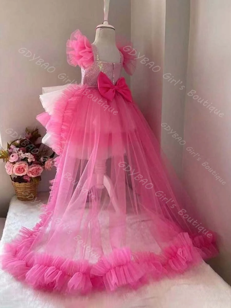

Hot Pink Wedding Flower Girl Dress Toddlers Tiered Tulle Sequins Ball Gown Princess Pageant Dress With Detachable Train Custom
