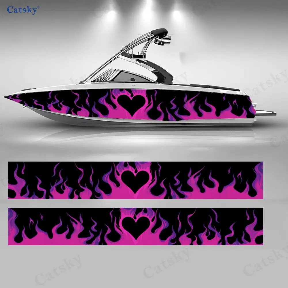 

2Pcs Pink Flame Heart Pattern Boat Stickers, PVC Waterproof Vinyl Wrap Decals for Fishing Boats, Durable and Stylish Design