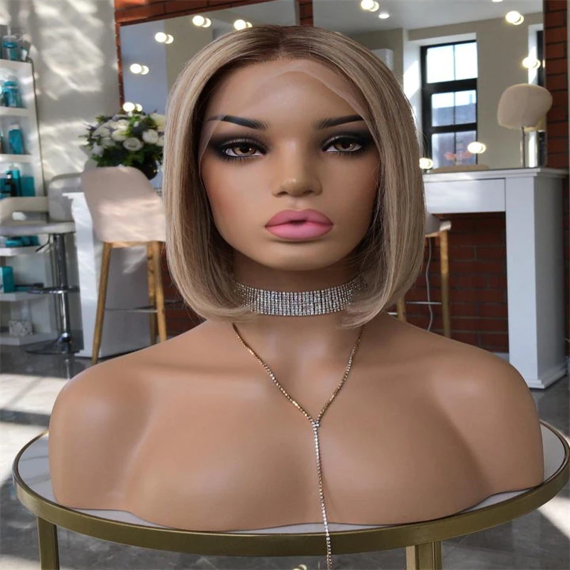 

Fashion Straight Bob For Woman Girl Ombre Ash Blonde HD Lace Front Wig Natural Preplucked Hairline with Baby Hair High Density