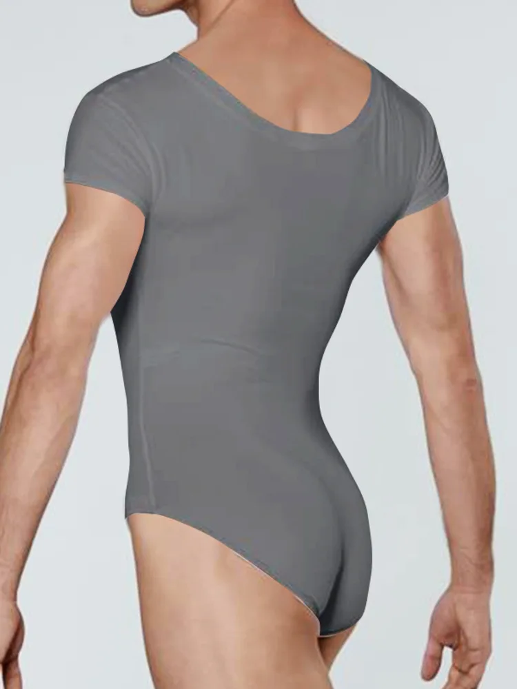 ชุดรอมเปอร์แขนสั้นคอวีสีทึบของผู้ชายสําหรับการเต้นรําบัลเล่ต์ การแสดงบนเวที ชุดบอดี้สูทฝึกซ้อม