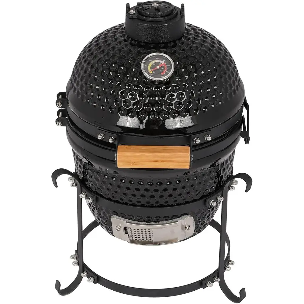 

Portable 13 Charcoal Grill and Smoker with Cast Iron Grates, Locking Lid, Stand, and Ash Tool for Outdoor Cooking and Camping