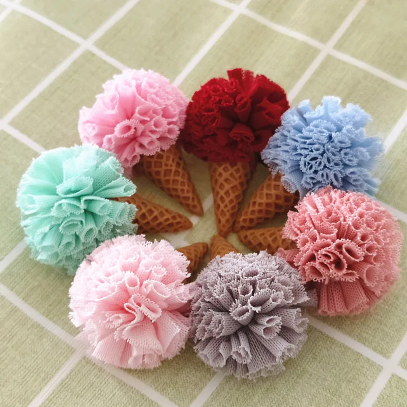 Cute Chiffon Floral Balls Decorated Ice Cream Patch Sticker Garment Ornament Accessories Craft Hair Clip Headband 30pcs 55*35mm