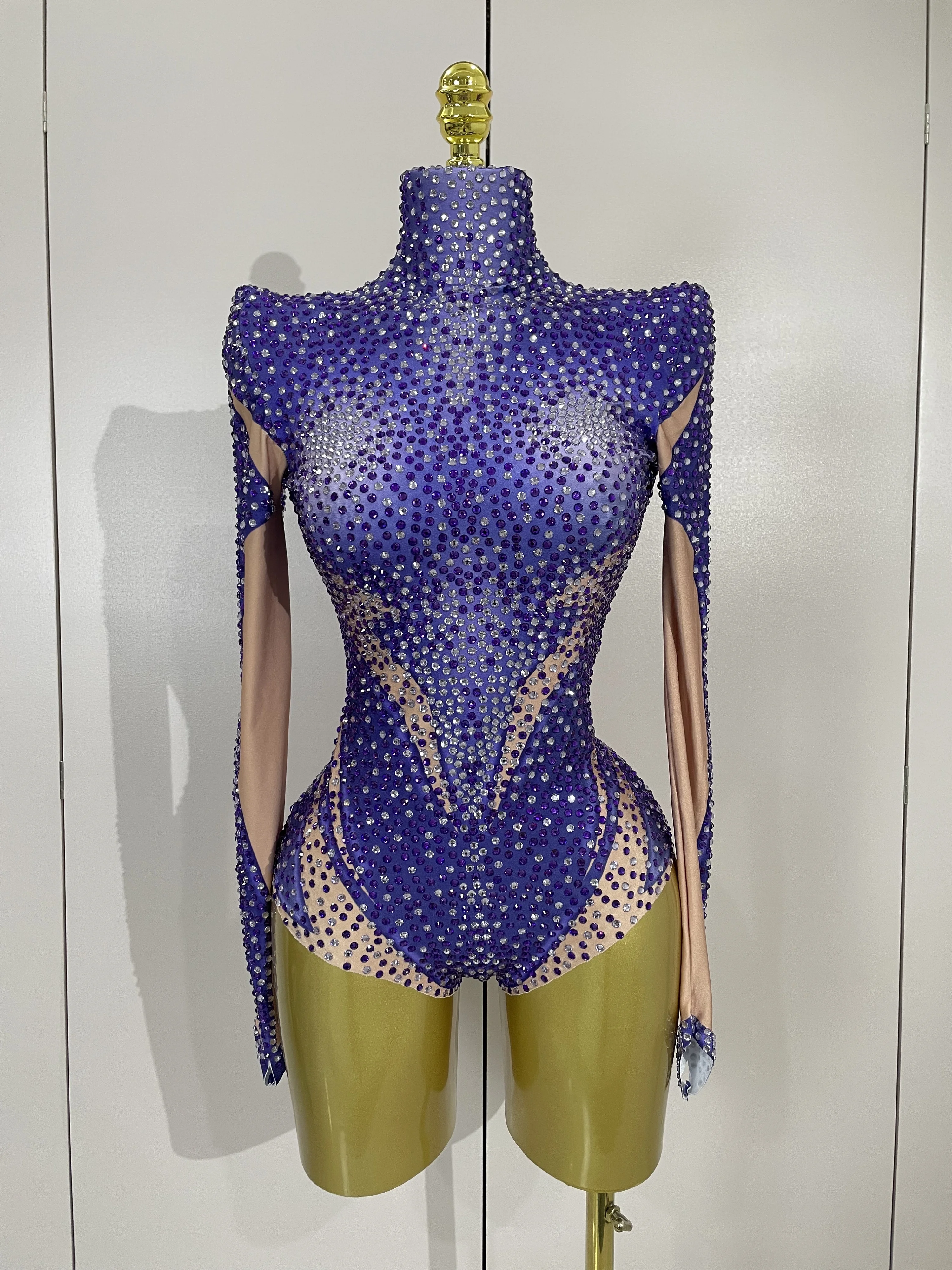 

2025 Club Singer Dancer Stage Performa Costume Evening Party Outfit High Quality Luxury Rhinestone Elastic Long Sleeved Bodysuit