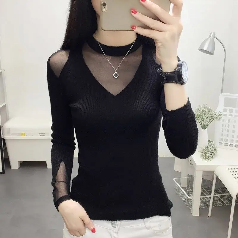 Women Spring New Fashion Sexy Pullover Crew Neck Knit Bottom Shirt Solid Color Gauze Spliced Sweater Versatile Long Sleeve Tops