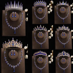 DIEZI Baroque Bridal Rhinestone Crown Tiaras For Women Wedding Princess Queen Blue Crystal Tiaras Necklace Earrings Jewelry Sets