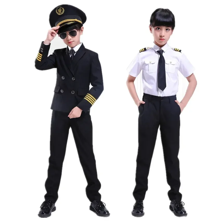 Kids Pilot Costumes Children Cosplay for Boys Girls Flight Attendant Costume Airplane Aircraft Air Force Performance Uniforms