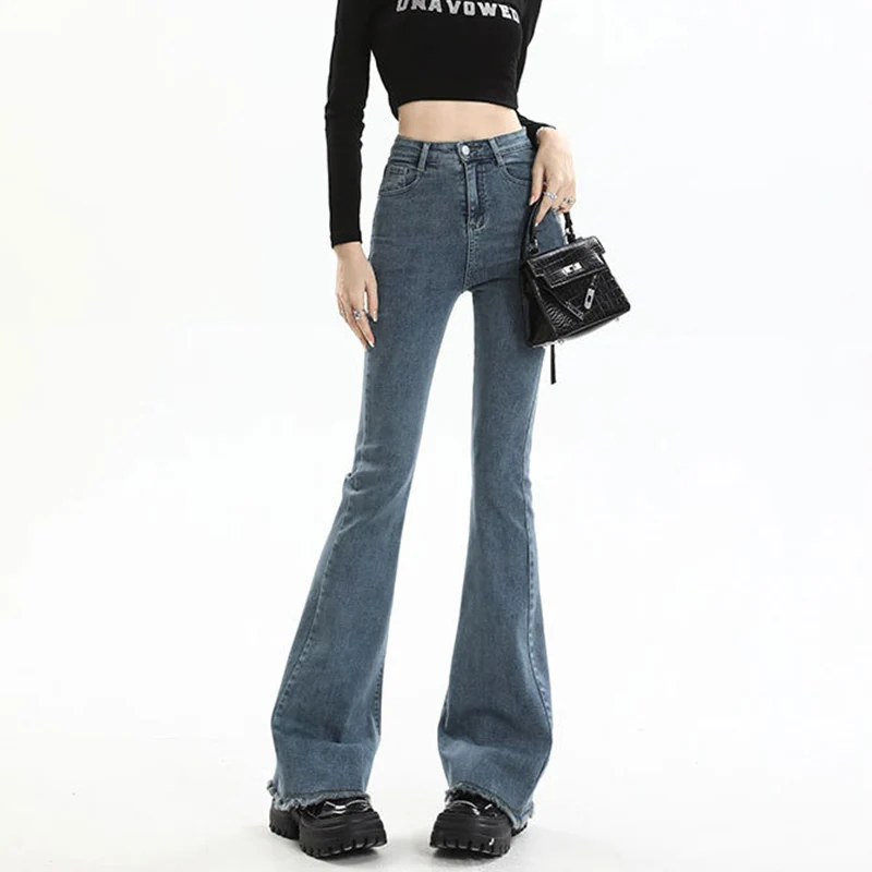 

New Women's High Waist Washed Jeans Autumn Winter Frayed Hem Y2K Flare Pants Vintage Versatile Slimming Wide Leg Denim Pants