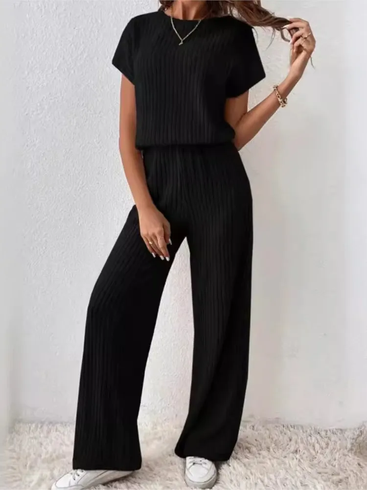 Homewear Long Pant Sets Women Outfits 2024 Summer Autumn Short Sleeve T-shirt Top + Straight Loose Wide Leg Pants 2 Piece Set