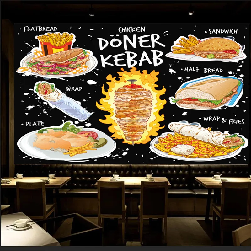 Custom 3D American Fast Food Mural Wallpaper Chicken Doner Kebab Snack Bar Restaurant Industrial Decor Background Wall Paper 3D