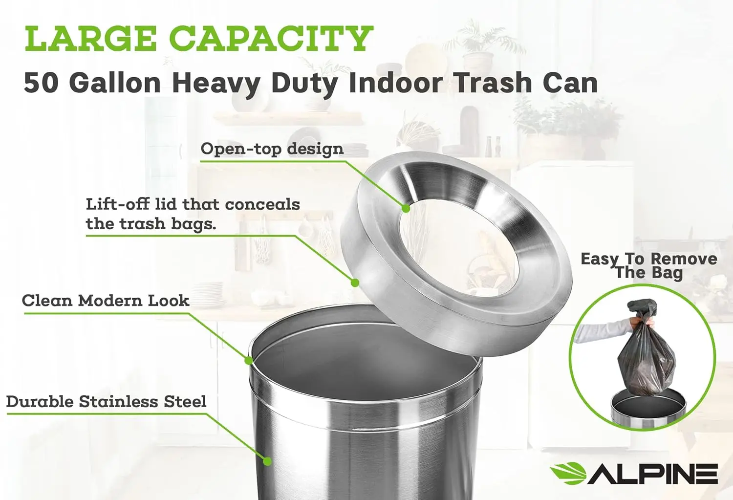 Heavy Duty Stainless Steel Garbage Can, Large Open Top Round Garbag