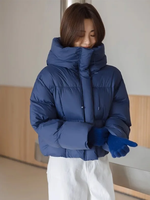 

Blue Hooded Thickened Winter Cotton Jacket Women's Casual Fashion Korean Style Bread Coat Warm Outerwear for Young Women
