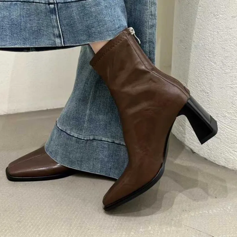 Fall Women's High Heels Fashionable Square Toe Designer Leather Women's Back Zipper Ankle Boots2025 New Chelsea Boots Size 35-40