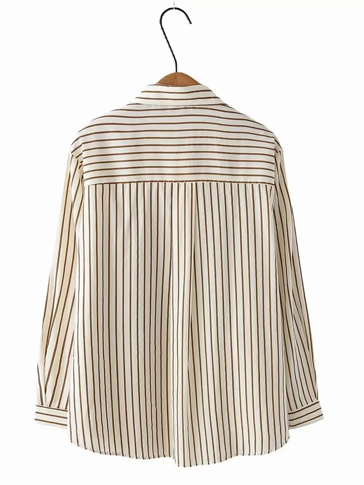 Plus Size Women\'s Clothing Spring Autumn Lapel Long-Sleeved Single-Breasted Shirt Vertical Stripes Paneled Fake Two-Piece Top