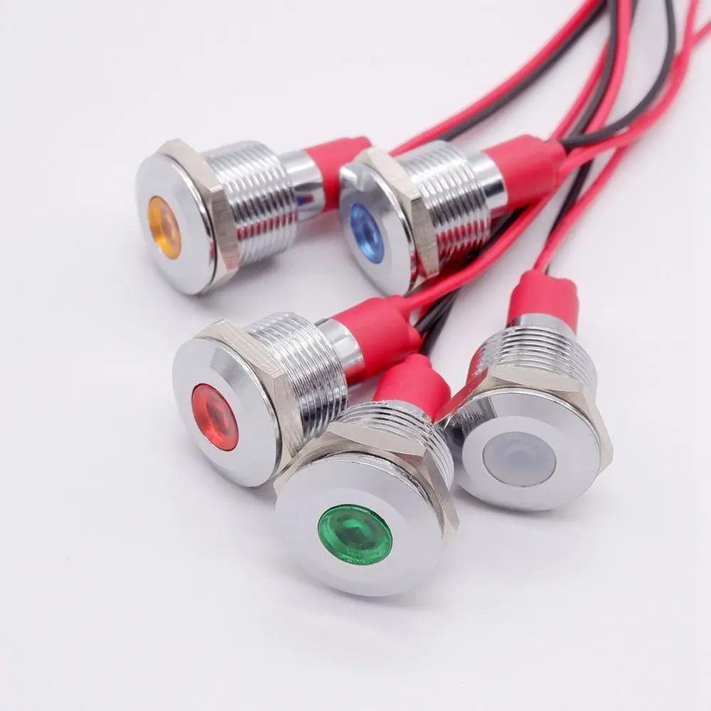 12mm Metal Indicator Light LED Warning Signal Lamp Pilot Wires Power Switch 3V 5V 12V 24V 220V Red Orange Green Blue White