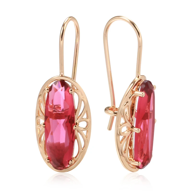 Kinel New Long Oval Red Natural Zircon Drop Earrings Fashion 585 Rose Gold Color Women Hollow Flower Earrings Vintage Jewelry