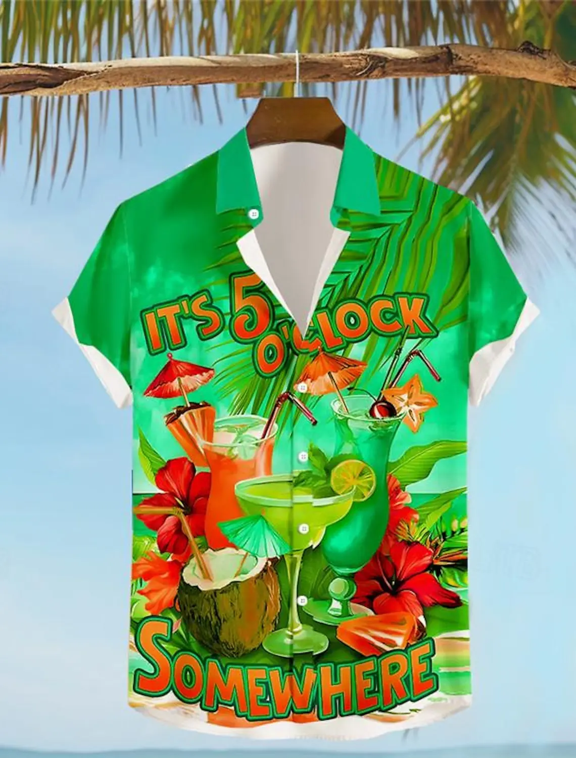 

It's 5 O'clock Somewhere Parrot Men's Resort Hawaiian 3D Printed Shirt Button Up Short Sleeve Summer Beach Shirt Vacation Wear